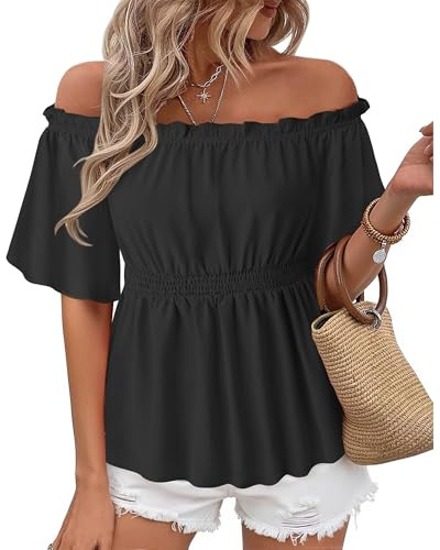 Bebonnie Off The Shoulder Tops: Blouses for Women Dressy Casual - Work Tops for Women Trendy - Ladies Trendy Cute Summer Spring Short Sleeve Polyester Blouse Flowy Peplum Tunics Black L