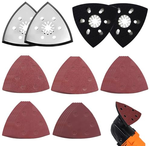 SneiDr 4 Placas De Lija Triangular Almohadilla de Lijado Triangular 90mm Inox Duradero con 25 Papels de Lija 6 Hoyos Auto-Adhesiva 40-400 Grano para Lijar