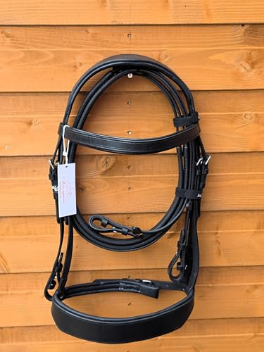 Leather Hunter Bridle Comfort Padded Leather with 2 Inch Noseband Grip Reins and Stainless Steel Fittings Black (Pony)