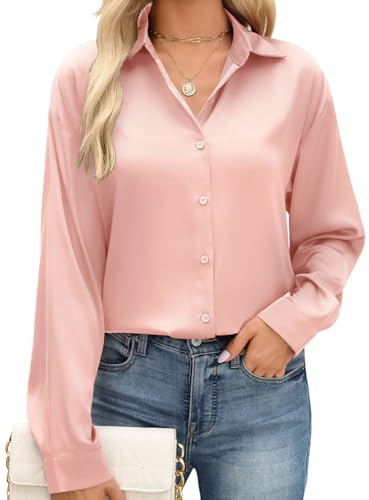 PASUDA Womens Blouse Elegant Long Sleeve Tops V Neck Button Down Shirts Ladies Satin Loose Fit Tunic Top Business Casual Solid Tee Shirts Roll Up Collared Dressy Blouses(Pink,M)