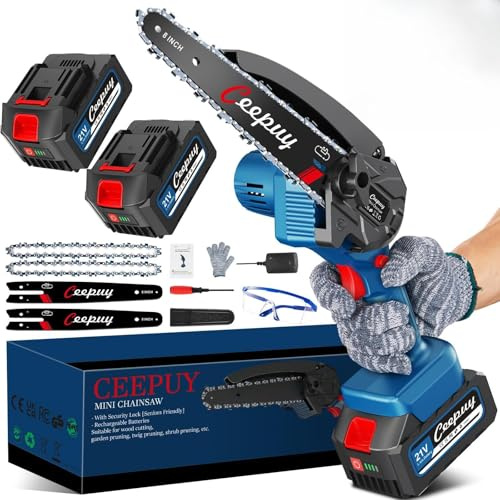 CEEPUY 8 Pollici Mini Motosega a Batteria per Potatura, 2x4000mAh Sega a Batteria, Sega Elettrica con Pompetta Olio, Motosega Elettrica Portatile per il Taglio del Legno Giardini