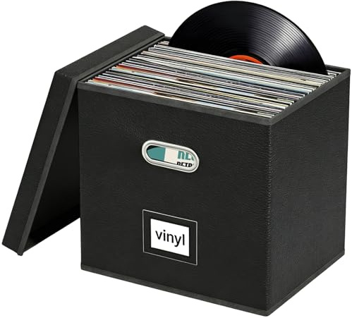 Calolin Leather Vinyl Record Storage Box, 13x13x13 in Collapsible Records Crate with Lid, Long-Term Cardboard Support, Easy Carry Handles, Black