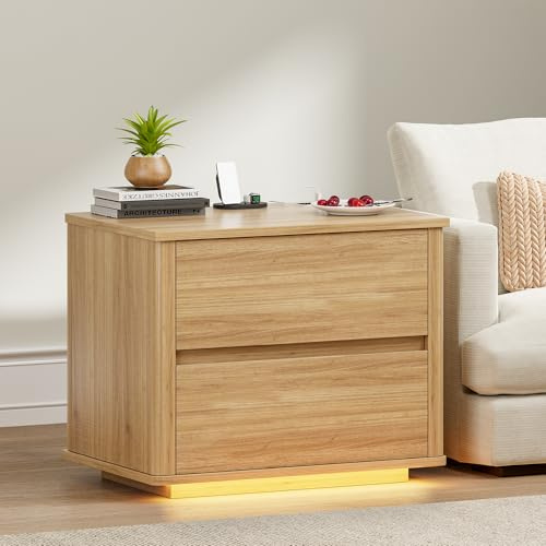 Gurexl Smart Mesillas de Noche con Luces LED,Cómoda de Madera con Función de Carga,Mesitas Auxiliares de Esquina Redondeada con Sensor Inteligente para Dormitorio,Salón,Madera