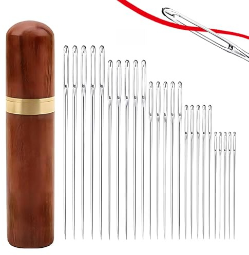 Large Eye Hand Sewing Needles, 25PCS Self-Threading Embroidery Needles with Wooden Needle Case Stainless Steel Darning Needles for Wool Easy Threading for Hand Sewing Knitting & Crochet Yarn (5 Size)
