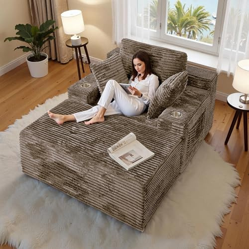 CHORRO 66 Chaise Lounge Chair Indoor,Oversized Boneless Single Sleeeper Couch Bed,Corduroy Cloud Sofa with 3 Soft Pillows for Livingroom,Bedroom,No Assembly,(Khaki)