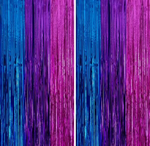 2 Pack Blue Purple Hot Pink Metallic Tinsel Foil Fringe Backdrop
