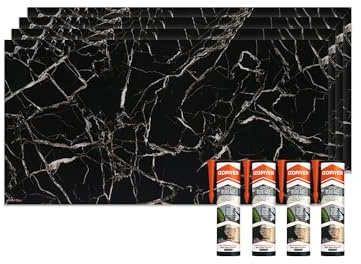 IZODEKOR Revêtement mural aspect marbre – Lot de 4 panneaux 120 x 60 cm – Alternative au carrelage pour salle de bain et cuisine, idéal pour crédence, avec 4 adhésifs inclus Black White