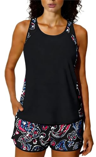 Women Padded Tankini Swimsuit with Shorts 2 Pieces Push Up Tankini Top Bra Support & Boyshorts Set Ladies Tummy Control Modest Swimwear Athletic Foral Printed Swimming Costume Bathing Suits Beachwear