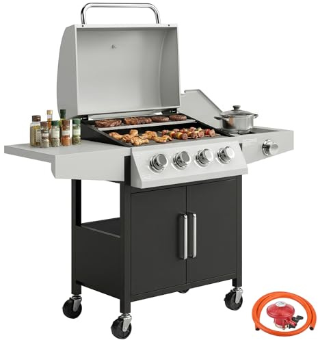 Outsunny 4+1 Burner Gas BBQ Grill with Side Burner, 14.5 kW Steel Portable Gas Barbecue Grill with Built-in Thermometer, Lid, Side Table, Shelf, Cabinet, Spice Rack, Wheels for Garden Party Cooking
