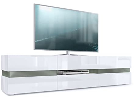 Vladon Buffet Bas Flow, Meuble TV avec vitre d’Ambiance rétroéclairée, 2 Portes, 1 tiroir et 1 clapet, Blanc Haute Brillance/Blanc Haute Brillance (177 x 45 x 39 cm)