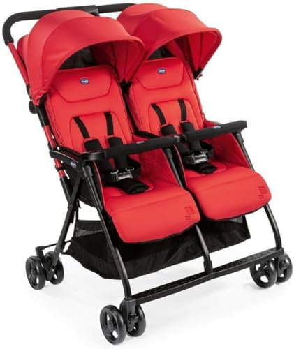 Chicco OHlalà Twin Passeggino Gemellare Doppio da 0 Mesi a 15 kg, Passeggino Leggero Reclinabile e Pieghevole, Chiusura Compatta, Poggiagambe Regolabili, Parapioggia e Capottina Estendibile, Rosso