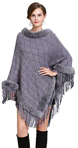 Cool&D dam poncho cape vinter kappa stickade jackor med fuskpäls krage fuskpäls stola