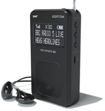 Portable DAB/DAB+ & FM Digital Radio | Sports Earphones Included | Built in Speaker | Rechargeable Battery (10-12 Hours) | Perfect for Sports, Hiking or Working | AZATOM Pro Sports S2 (Black)