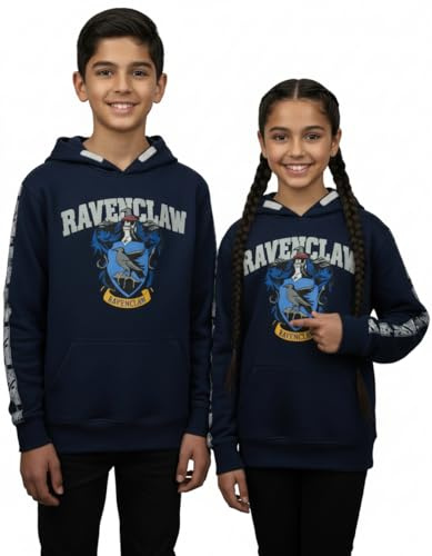 Harry Potter - Felpa con cappuccio per bambini con licenza ufficiale Corvonero, in cotone, con stemma e stampa sulle maniche, unisex, taglia 1-13 anni, colore: blu navy, Marina Militare, 11-13 Years