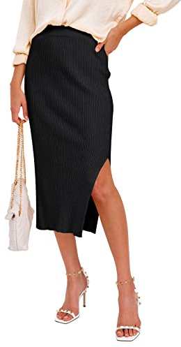 HERBATOMIA Ribbed Knit Midi Black Skirt Basic Solid Split Side Stretchy Ribbed Knit Pencil Mid Length Skirts for Women