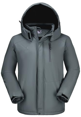 Herren-Winterjacke, wasserdicht, warm, Schneejacke, Kunstfell, Fleece, Regenmäntel mit abnehmbarer Kapuze und winddichten Bündchen, Z-grau, Medium