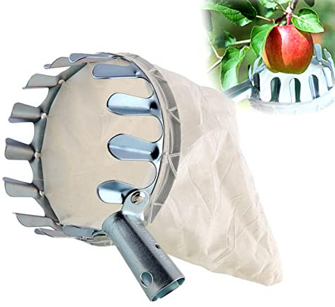 Adipn NA Qazuwa - Recogedor de frutas, 1 práctico ayudante de cosecha, para cerezas, con bolsa, diámetro de 16 cm, recogedor de manzanas, cosecha de frutas de metal, apto para la mayoría de los mangos