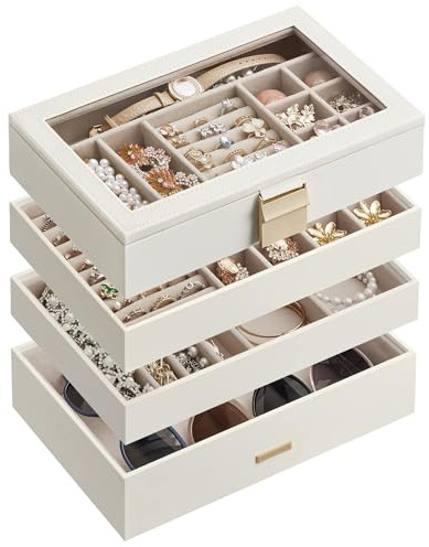 SONGMICS Stackable Jewelry Trays, 4-Tier Jewelry Box, Drawer Jewelry Organizer, with Glass Lid, Removable Dividers, for Vanity Table, 6.7 x 11 x 7.2 Inches, Gift Idea, Cloud White UJBC164W01