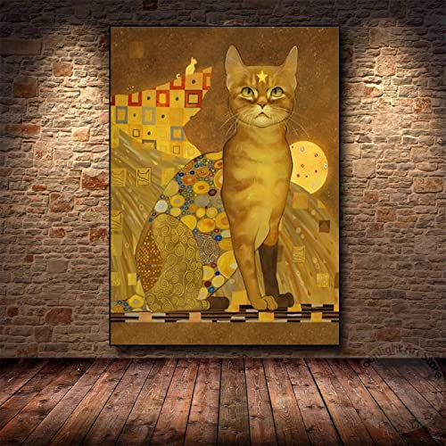 Gustav Klimt Katze Kunst Leinwand Gemälde Abstrakt Retro Tier Haustier Golden Schwarz gerahmtes Bild Druck Dekor für Wohnzimmer 14x16inch/35x40cm mit schwarzem Rahmen