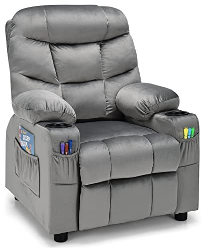 COSTWAY Kids Velvet Recliner Chair, Adjustable Children Armchair Sofa with 2 Cup Holders, Footrest, Side and Front Pockets, Toddler Gaming Lounger for Boys Girls (Grey)