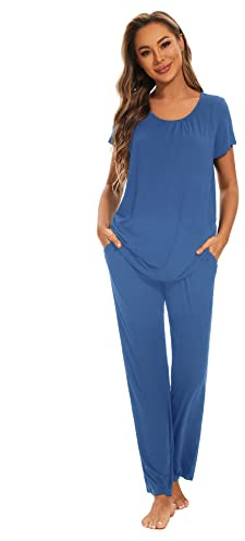 Smallshow Pigiama Premaman Donna Maniche Corte Pigiama Allattamento Set,Grey Blue,XXL