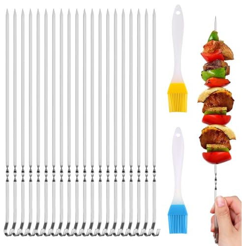24-Piece Metal Kebab Skewers Set - 30CM Stainless Steel BBQ Grilling Sticks, Flat Reusable With Rack for Outdoor Barbecues and Family Gatherings
