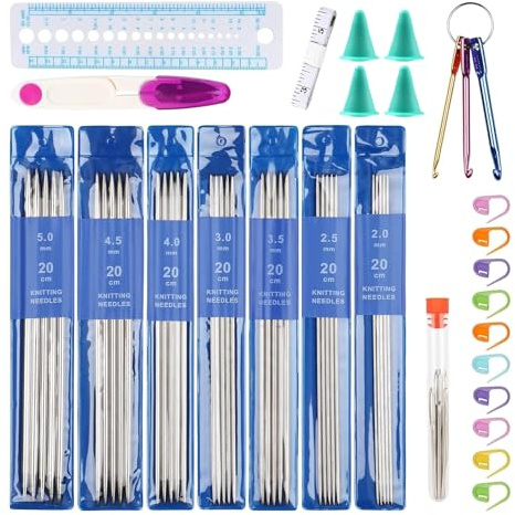 Sticknålsset, rostfritt stål dubbel spets sticknål med sticktillbehör, 20 cm metall nålspel set 2,0–5,0 mm, korta raka sticknålar för strumpor och små projekt (6 stycken)