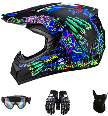 DriveNova Casco de Moto – Casco de Motocross MTB, con Guantes, máscara de Gafas, Casco de Descenso, Casco Completo de Descenso, Casco de Moto para niños