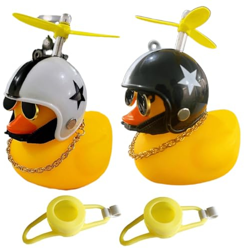NHQZ 2 Pièces Canard en Plastique, Sonnette velo, Klaxon Velo, Accessoire Velo, Ornements de Voiture, avec Sangles et Adhésif Non Marquant, Sonnerie Canard avec Hélice et Casque(blanc + noir)
