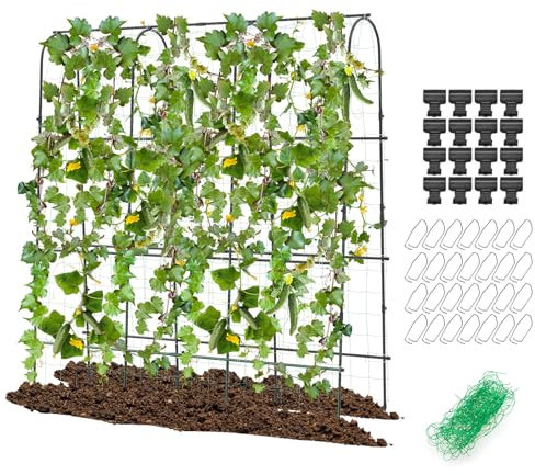 COSTWAY Gurke Rankhilfe Set, einstellbare Breite, Rankgitter mit Netz, Garten Gurkengitter Metall, Pflanzenstütze für Kletterpflanzen Blumen Gemüse, Pflanzenspalier Schwarz, 179 x 32-65 x 180 cm