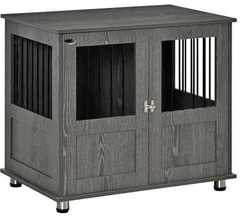 PawHut jaula de perro para casa, jaula de mascota, caseta de perro de interior con cerradura, puerta magnética, caseta de perro con ventana, caseta de perro para perros pequeños y medianos, gris, 85 x