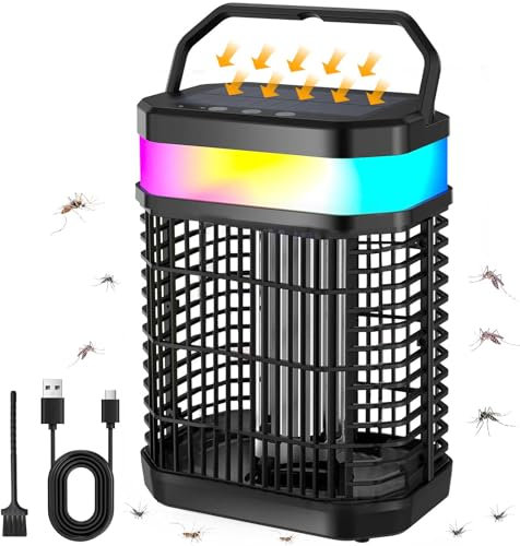 Lampe Anti Moustique Solaire Extérieur, 4200V Tue Mouche Electrique avec Recharge Solaire et USB pour la Maison, la Cour et Le Camping