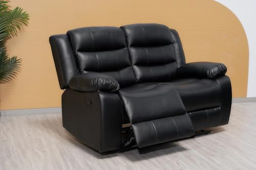 Madrid Leather Recliner Sofa Set with Cupholders – 3+2 Seater Manual Recliner Sofas for Living Room (Black, 2 Seater)