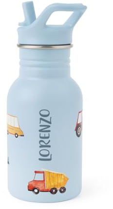 J.Børn Personalised Bottle With Straw For Kids 350ML | Hand-Painted Designs | Single-Skinned, Food-Grade Stainless Steel Water Bottle | Children Flask For School (Road Trip)