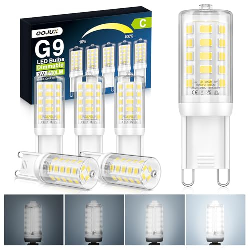 QOJUX 3W G9 Led Bulbs Cool White Dimmable, Energy Class C, 34 LEDs 480LM G9 Bulb Equivalent to 50W Halogen, 6000K AC 220-240V No Flicker Energy Saving Light Bulbs for Home Lighting Decor 5 Pack