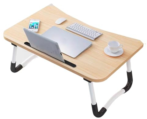 Vikbart sängbricka för bärbar dator – bärbart knäskrivbord med justerbart stativ och mugghållare för säng och soffa – lätt valnötsfinish, perfekt för hem och kontor.