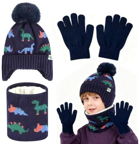 JhavexToy Cappello Invernale per Bambini Guanti Sciarpa Set, 3 in1 Dinosauro Nverno in Pile Addensato Cappello a Maglia Termica Sciarpa Guanti Set, per Bambini Ragazzi Ragazze, 2-7 Anni