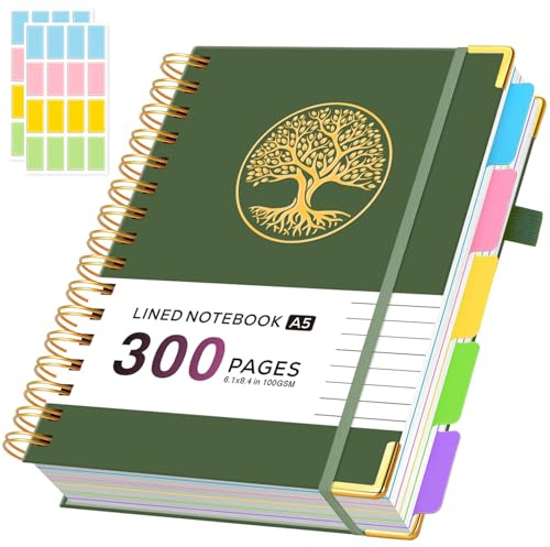 ROBCURSE A5 Spiral Notebook With Dividers, 5 Subject Notebook With 300 Pages/150 Sheets 100GSM Lined Paper, No Bleed, 5 Project Notepad For Writing Note Taking, School Office Supplies, 14.7 X 21 Cm