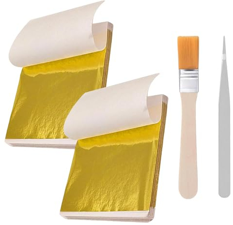 200 Sheets Premium Gold Leaf Kit – 8.5cm Gold Foil Sheets with Brush & Tweezer for Cakes, Crafts, Gilding, Art & Decorative Projects