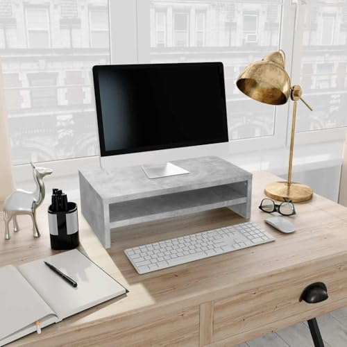Yunovire Monitorställ betonggrå 42 x 24 x 13 cm, trämaterial, minimalistisk design, för TV och multimedia, med förvaringsfack för tangentbord, moderna vardagsrumsmöbler
