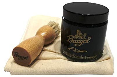 Schuhpflegeset mit Burgol - Schuhpomade Schwarz Tiegelbürste zum Auftragen und Baumwolltuch