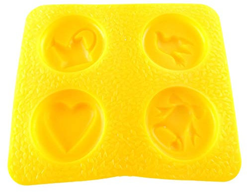 Edelaines Flexible Soft Candy Molds - Dove, Wedding Bell, Watering Can, Heart - Yellow, Plastic, 4 Cavity, 0.155 Cups, Flat Disc