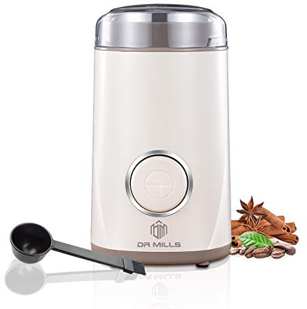 DR MILLS DM-7441W Coffee Grinder Electric, Coffee Bean and Dried Spice Grinder, One Touch Operation, Blade and Cup Made with SUS304 Stainless Steel (White)
