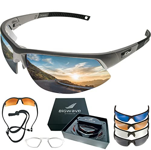 BIGWAVE Pro-Active 905 Grau – Superentspiegelte Premium UV 400 Sportbrille mit 4 Wechselgläsern–Radsportbrille mit schmutzabweisender Clean-Coat Beschichtung für Damen und Herren