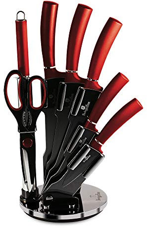 BerlingerHaus Burgundy Set di Coltelli da Cucina Professionale 8 Pezzi, Acciaio Inossidabile, Rivestimento Antiaderente, Supporto, Coltello da Cuoco, Santoku, Acciaio per Affilare, Forbici