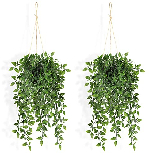 Fake Hanging Plants Indoor - 2 Pack Faux Greenery Plant for Home Decor Artificial Potted Vines with Black Plastic Planter for Bedroom Living Room Garden Front Porch Table Shelf Wall Decoration