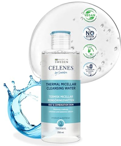 Celenes by Sweden Eau Micellaire Thermale Nettoyant Visage, 250ml - Demaquillage Visage Sans Rinçage pour Peau Grasse & Mixte, Végan, Sans Alcool/Silicon/Parabèn/Parfum, Soins Pour Le Visage Quotidien