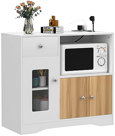 Lvhecforhm Aparador con 1 cajones, 2 puertas, armario de cocina con estante para microondas, aparador con enchufe, 83 x 40 x 80 cm, color blanco