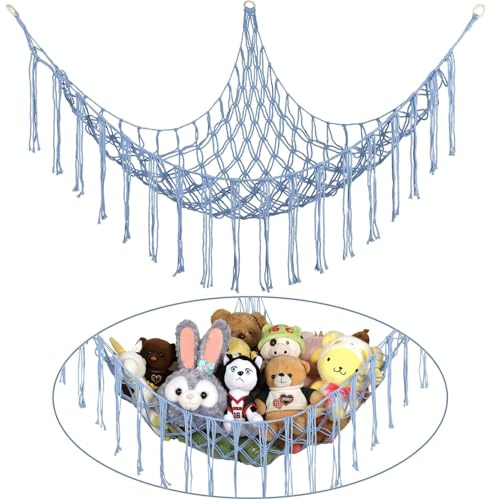 Stuffed Animal Hammock Corner, Hand-knitted Large Plushie Net Toy Hammock with Wooden Rings | Boho Cute Stuff Animal Storage for Nursery & Bedroom | Mesh Kids Toy Organizer Holder Nursery Room Decor