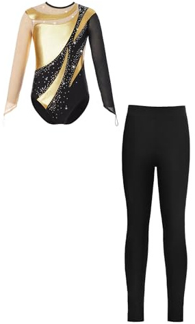 iiniim Enfant Fille Justaucorps Gymnastique Manches Longues Strass Body Et Legging Danse Ballet Bodysuit Gym Patinage Costume Spectacle 5-10 Ans